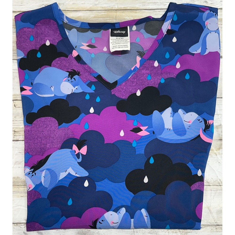 Disney Eeyore Scrub Top Womens Small Blue Purple Cloud‎ Print V-Neck Medical EUC